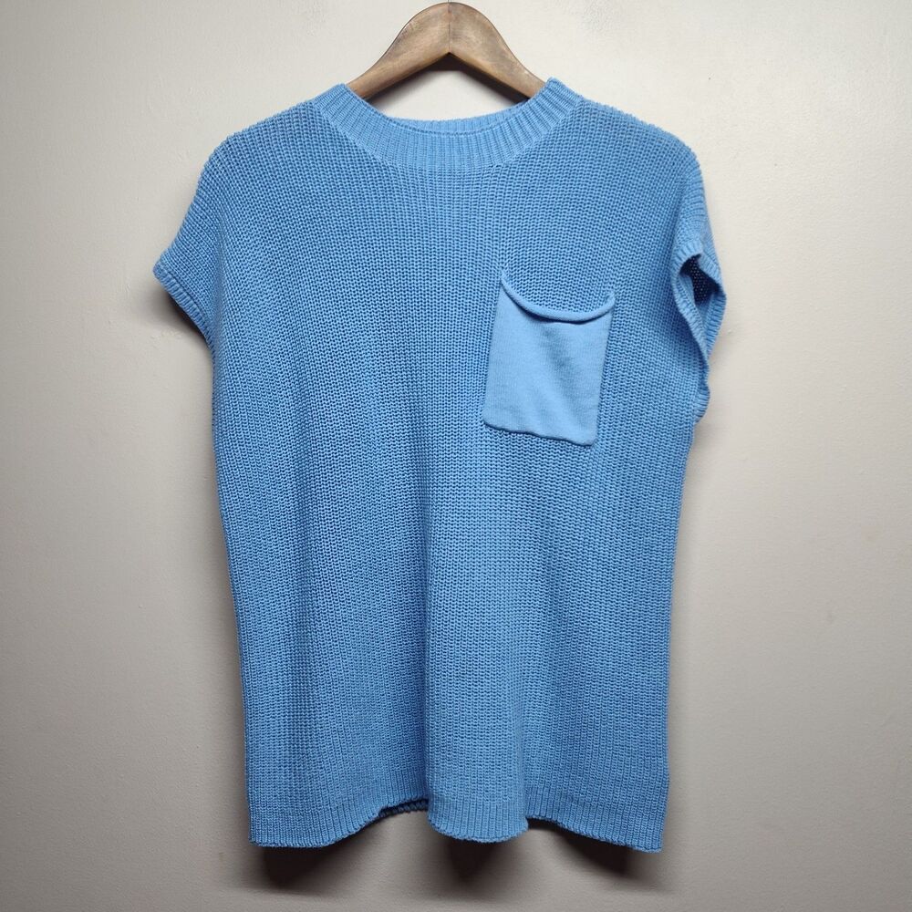 Three Dots Crochet Sweater Women Size S Blue Crew Neck Casual Spring Bohemian